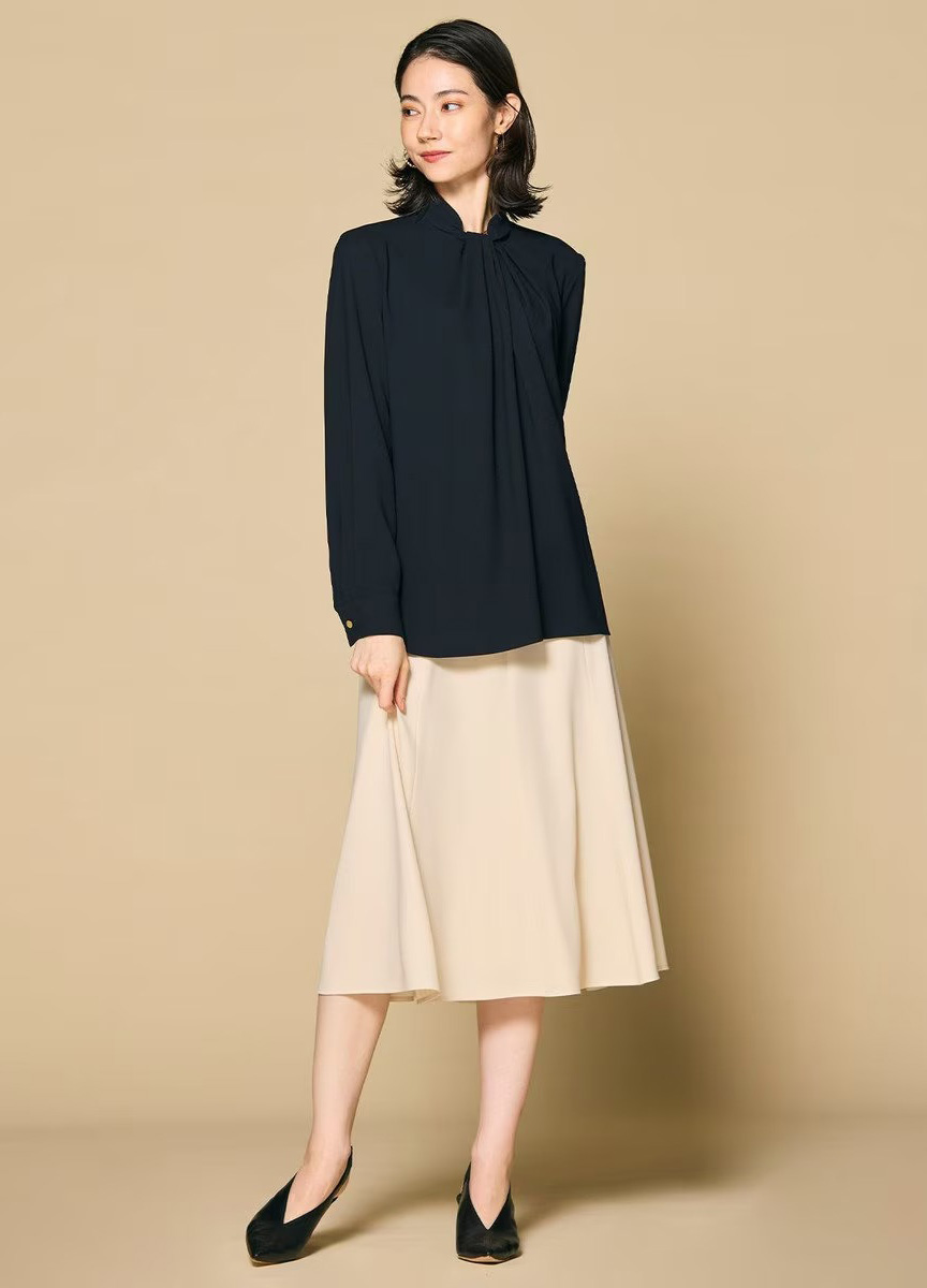 喬其紗扭結立領長袖襯衫